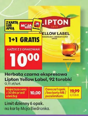 Herbata czarna ekspresowa Lipton Yellow Label 92 torebki promocja w Biedronka