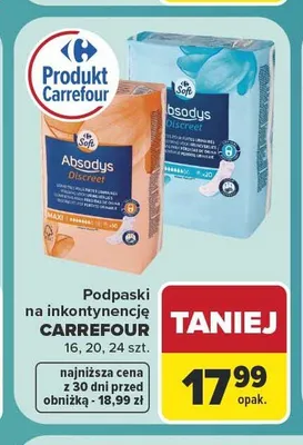 Podpaski na inkontynencję Carrefour Soft Absodys Discreet 16 szt. promocja w Carrefour