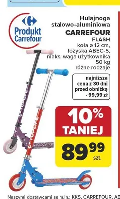 Hulajnoga stalowo-aluminiowa CARREFOUR FLASH koła ø 12cm, łożyska ABEC-5, maks. waga użytkownika 50kg promocja w Carrefour