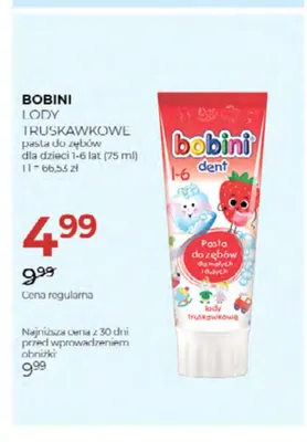 Pasta do zębów dla dzieci Bobini Lody Truskawkowe 1-6 lat promocja w Drogerie Jawa