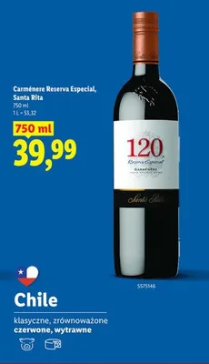 Wino czerwone wytrawne Carménere Reserva Especial Santa Rita promocja w Lidl
