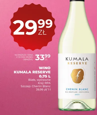Wino Kumala Reserve Chenin Blanc białe wytrawne RPA promocja w Duży Ben