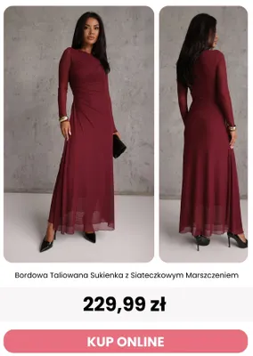 Bordowa taliowana sukienka z siateczkowym marszczeniem Reneé promocja w Renee