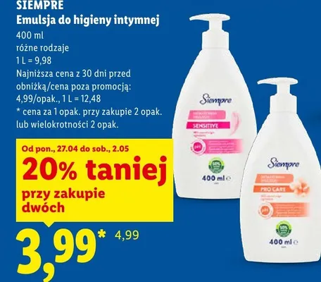 Emulsja do higieny intymnej Siempre promocja w Lidl