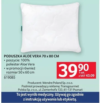 Poduszka Aloe Vera 70x80cm promocja w Selgros