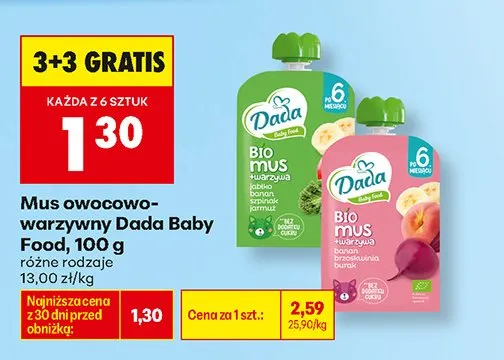 Mus owocowo-warzywny Dada Baby Food jabłko banan szpinak jarmuż promocja w Biedronka