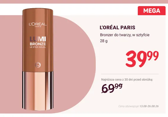Bronzer do twarzy w sztyfcie L'Oréal Paris Lumi Bronze Le Stick Soleil promocja w Rossmann