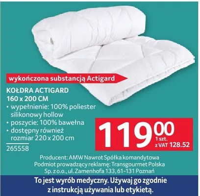 Kołdra Actigard 160 x 200 cm promocja w Selgros
