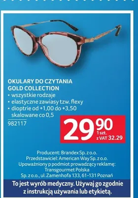 Okulary do czytania Gold Collection wszystkie rodzaje dioptrie od +1,00 do +3,50 skalowane co 0,5 promocja w Selgros
