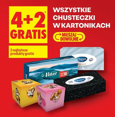 Wszystkie chusteczki higieniczne w kartonikach 4+2 GRATIS promocja w Biedronka