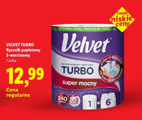 Ręcznik papierowy 3-warstwowy Velvet Turbo promocja w Lidl