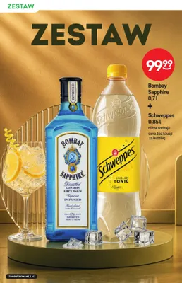 Zestaw Bombay Sapphire 0,7 l + Schweppes 0,85 promocja w Żabka