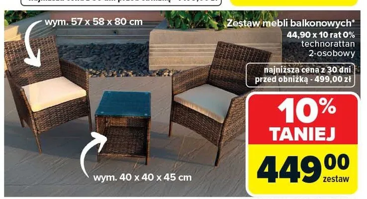 Zestaw mebli balkonowych technorattan 2-osobowy 57x58x80cm promocja w Carrefour
