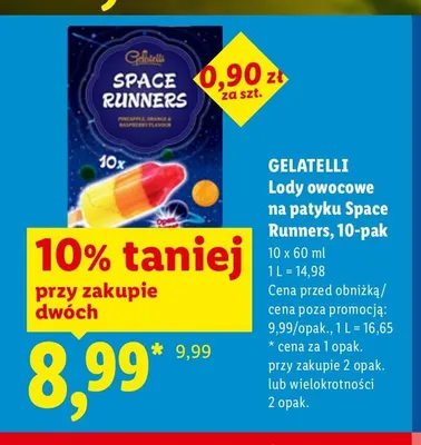 Lody owocowe na patyku Space Runners Gelatelli 10-pak promocja w Lidl
