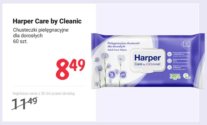 Chusteczki pielęgnacyjne dla dorosłych Harper Care by Cleanic promocja w Rossmann