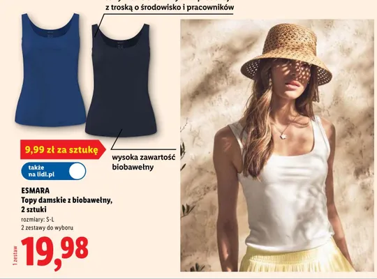 Topy damskie z biobawełny Esmara 2-pak promocja w Lidl