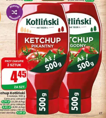 Ketchup Kotliński Łagodny promocja w Dino