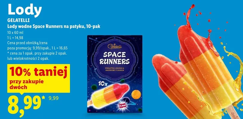 Lody wodne Space Runners na patyku GELATELLI 10-pak 60ml promocja w Lidl