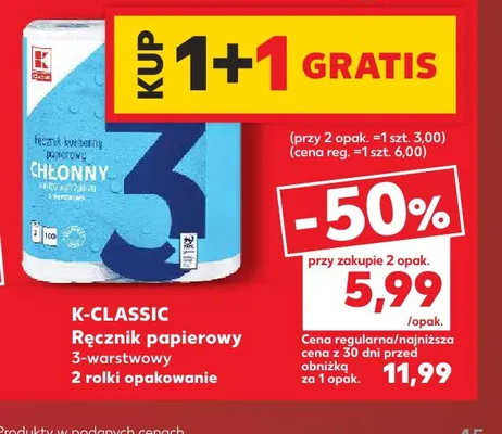 Ręcznik papierowy 3-warstwowy 2-pak K-Classic promocja w Kaufland