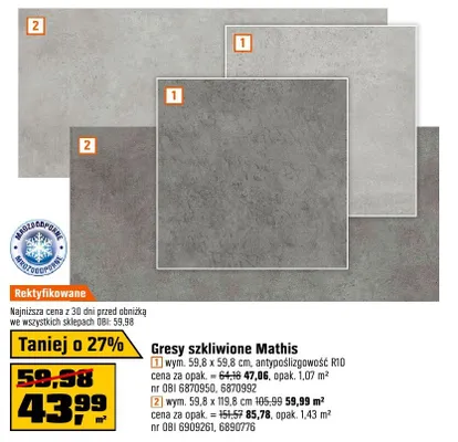 Gresy szkliwione Mathis wym. 59,8 x 59,8 cm, powierzchność R10 cena za opak. promocja w OBI