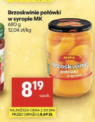Brzoskwinie połówki w syropie MK promocja w Delikatesy Centrum