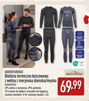 Bielizna termiczna bezszwowa z wełną z merynosa legginsy damskie/męskie Adventuridge promocja w Aldi