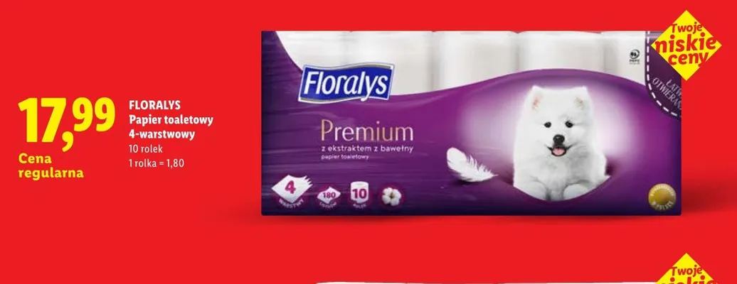Papier toaletowy 4-warstwowy 10-pak Floralys promocja w Lidl