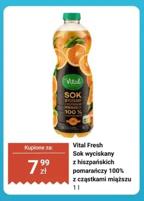 Sok wyciskany z hiszpańskich pomarańczy 100% z cząstkami miąższu Vital Fresh promocja w Biedronka