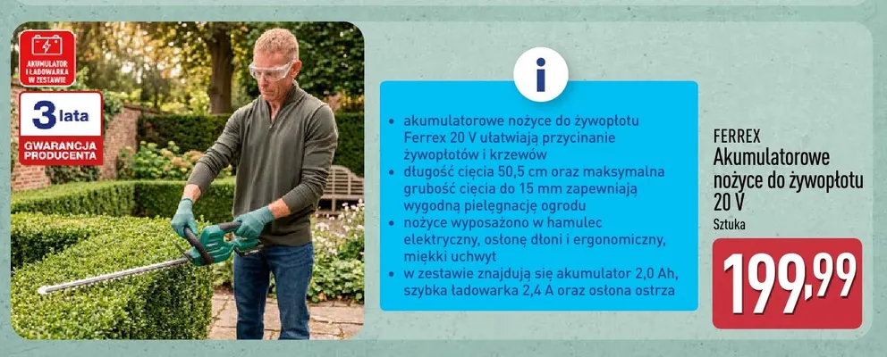 Akumulatorowe nożyce do żywopłotu Ferrex promocja w Aldi