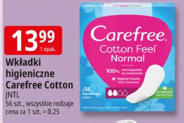 Wkładki higieniczne Carefree Cotton Feel promocja w Leclerc