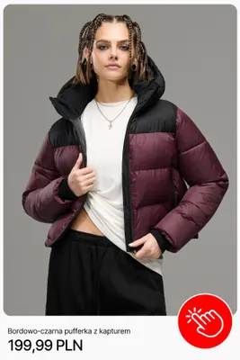 Bordowo-czarna pufferka z kapturem Cropp promocja w Cropp