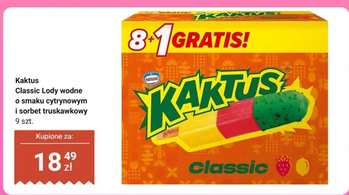 Lody wodne Classic o smaku cytrynowym i sorbet truskawkowy Kaktus promocja w Dino