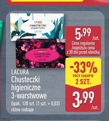 Chusteczki higieniczne 3-warstwowe Lacura promocja w Aldi