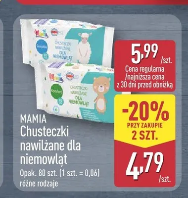 Chusteczki nawilżane dla niemowląt Mamia Comfort promocja w Aldi