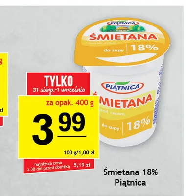 Śmietana Piątnica 18% promocja w Gram Market