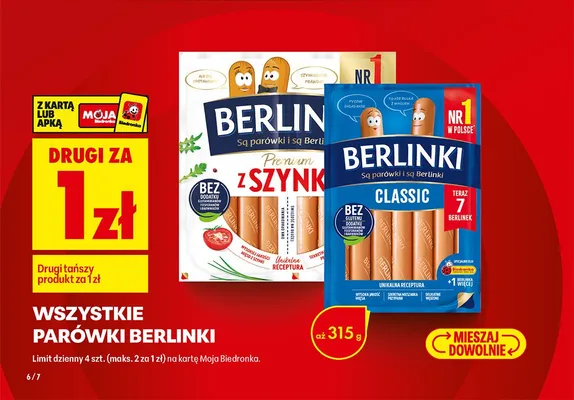 Wszystkie parówki Berlinki DRUGIE ZA 1 ZŁ promocja w Biedronka