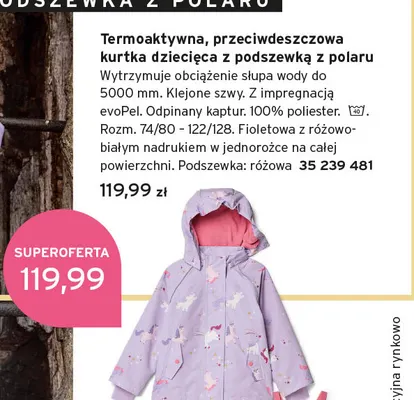 Termoaktywna przeciwdeszczowa kurtka dziecięca z podszewką z polaru promocja w Tchibo
