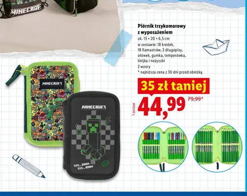Piórnik trzykomorowy z wyposażeniem Minecraft promocja w Lidl