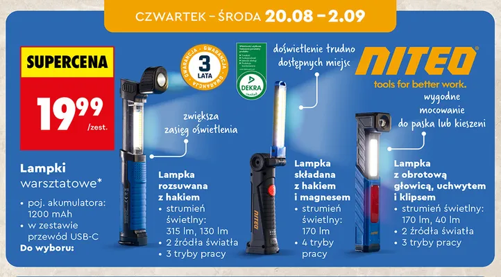 Lampka warsztatowa składana z hakiem i magnesem Niteo promocja w Biedronka