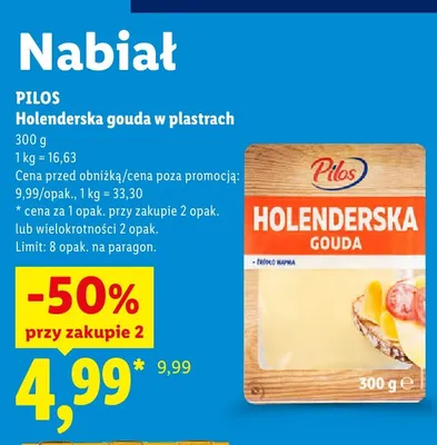 Ser holenderska gouda w plastrach Pilos promocja w Lidl