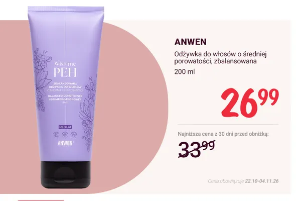 Odżywka do włosów o średniej porowatości zbalansowana Anwen promocja w Rossmann