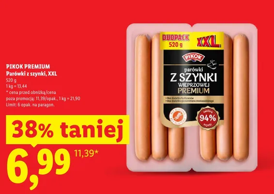 Parówki z szynki wieprzowej Premium XXL Pikok promocja w Lidl