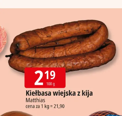 Kiełbasa wiejska z kija Matthias promocja w Leclerc