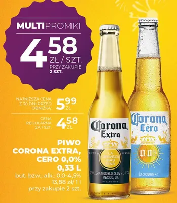 Piwo corona extra, cero 0,0% promocja w Duży Ben