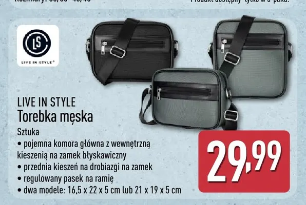 Torebka męska 21x19x5 cm Live In Style promocja w Aldi