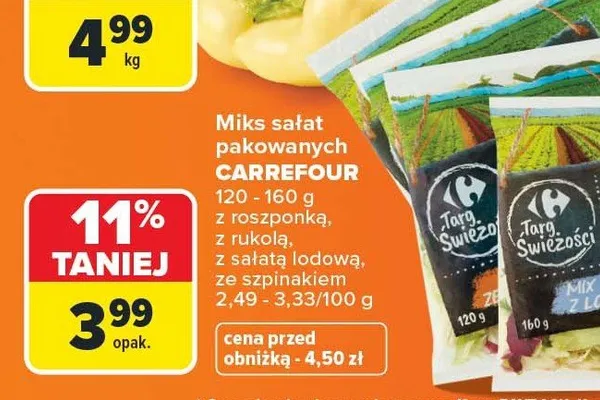 Miks sałat pakowanych z roszponką Targ Świeżości promocja w Carrefour