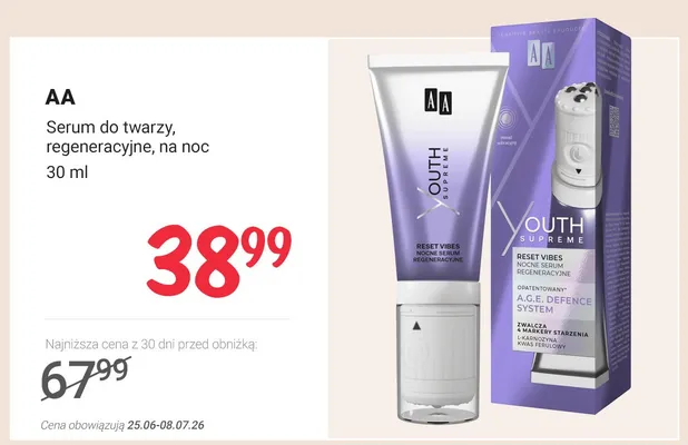 Serum do twarzy AA Youth Supreme Reset Vibes regeneracyjne na noc promocja w Rossmann
