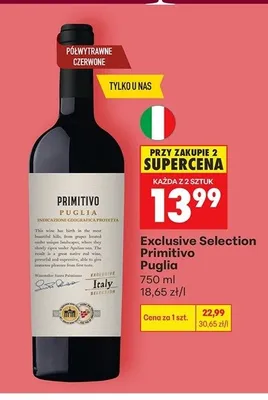 Wino półwytrawne czerwone Exclusive Selection Primitivo Puglia promocja w Biedronka