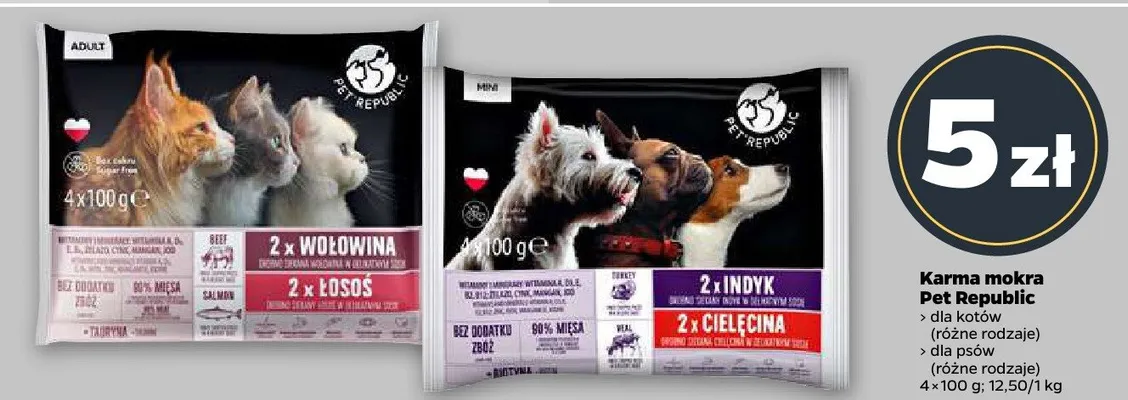 Karma mokra dla kotów i dla psów różne rodzaje promocja w Netto