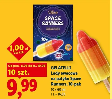 Lody owocowe na patyku Gelatelli Space Runners 10-pak promocja w Lidl